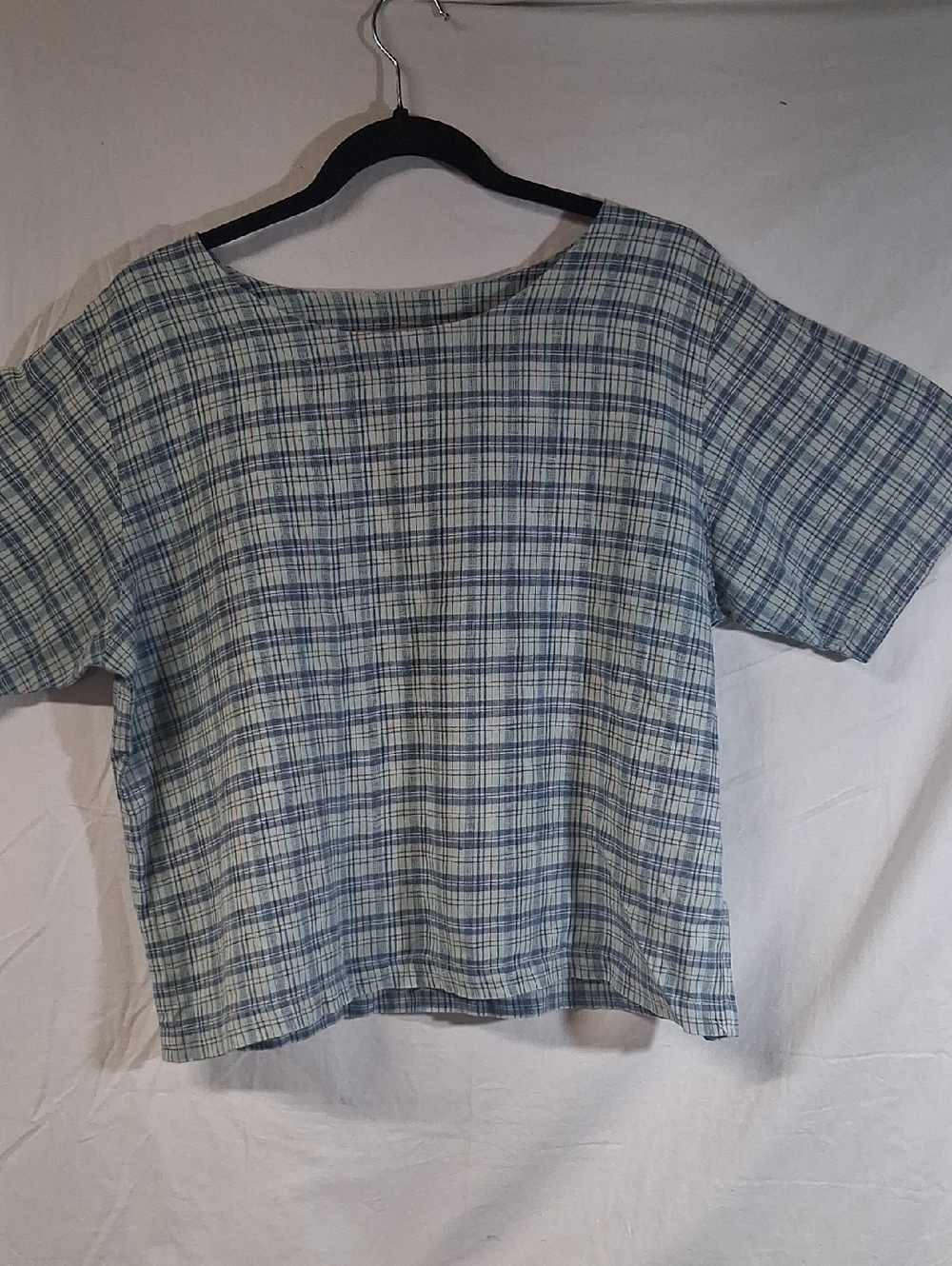 Mishi Blue Plaid Short Sleeve Women’s Top-linen